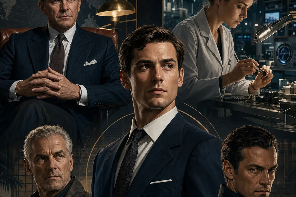 Ilustração conceitual editorial para o guia de personagens de 007 First Light, não uma captura oficial