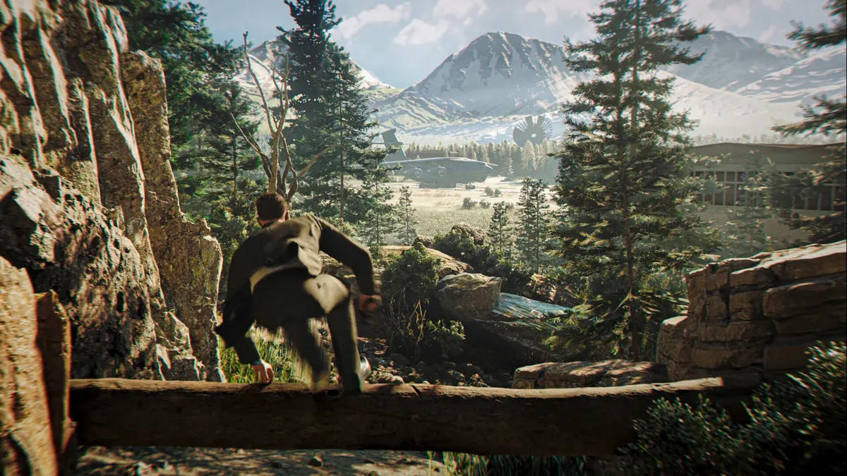Official 007 First Light Steam gameplay screenshot showing Bond exploring a mountain route above a lake