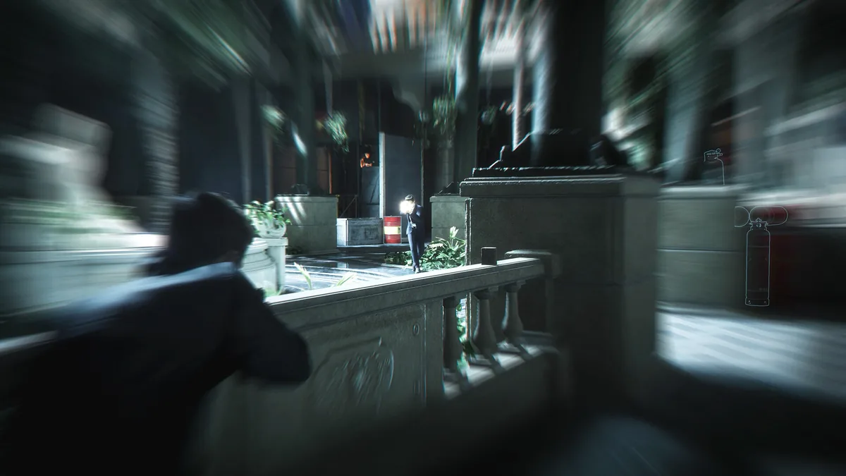 Official 007 First Light Steam gameplay screenshot showing Bond using a scanning-focused view during a stealth approach