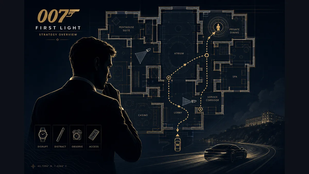 Editorial 007 First Light gameplay guide illustration with a spy mission plan, stealth routes, gadget cues, and a vehicle escape