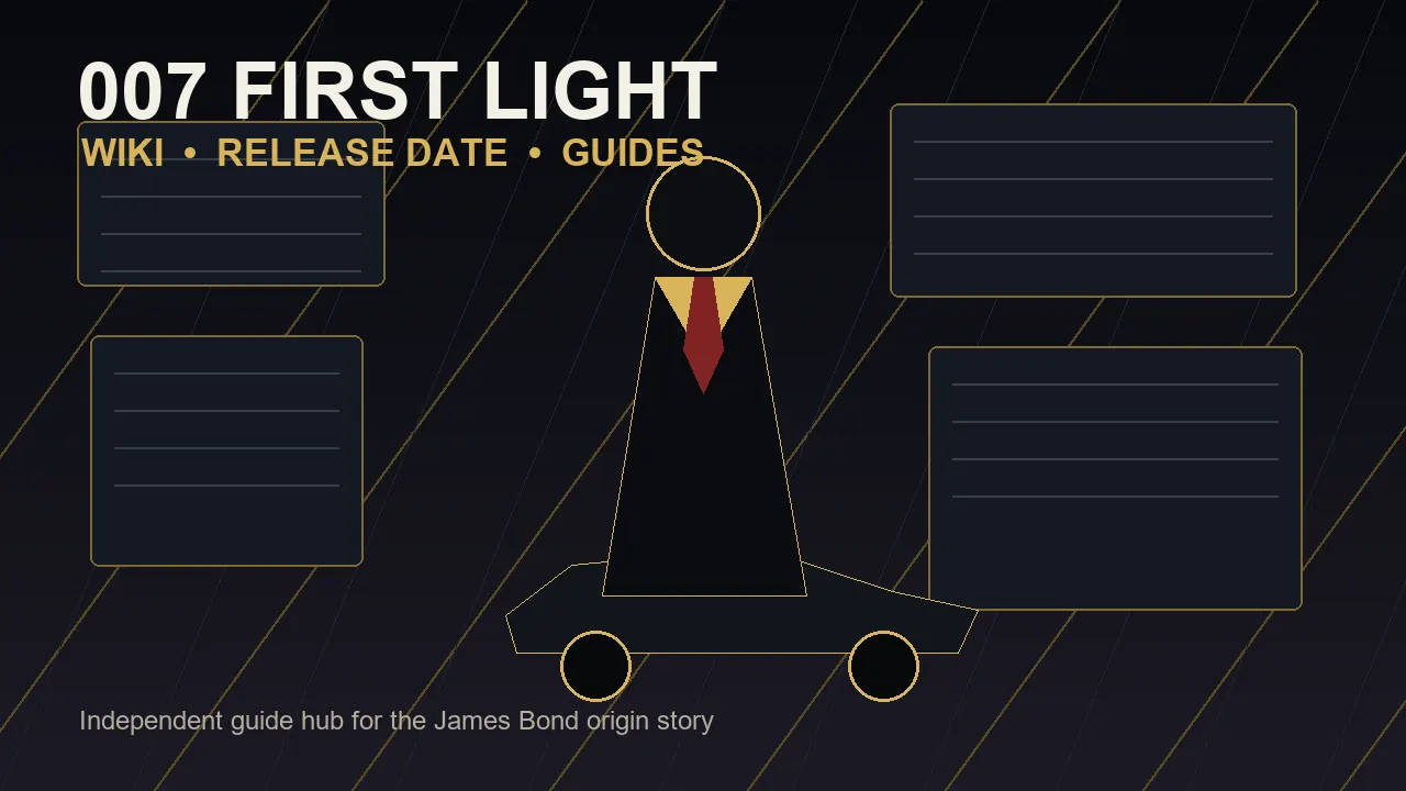 007 First Light wiki hero artwork showing a young spy silhouette, briefing board, sports car, and action guide panels