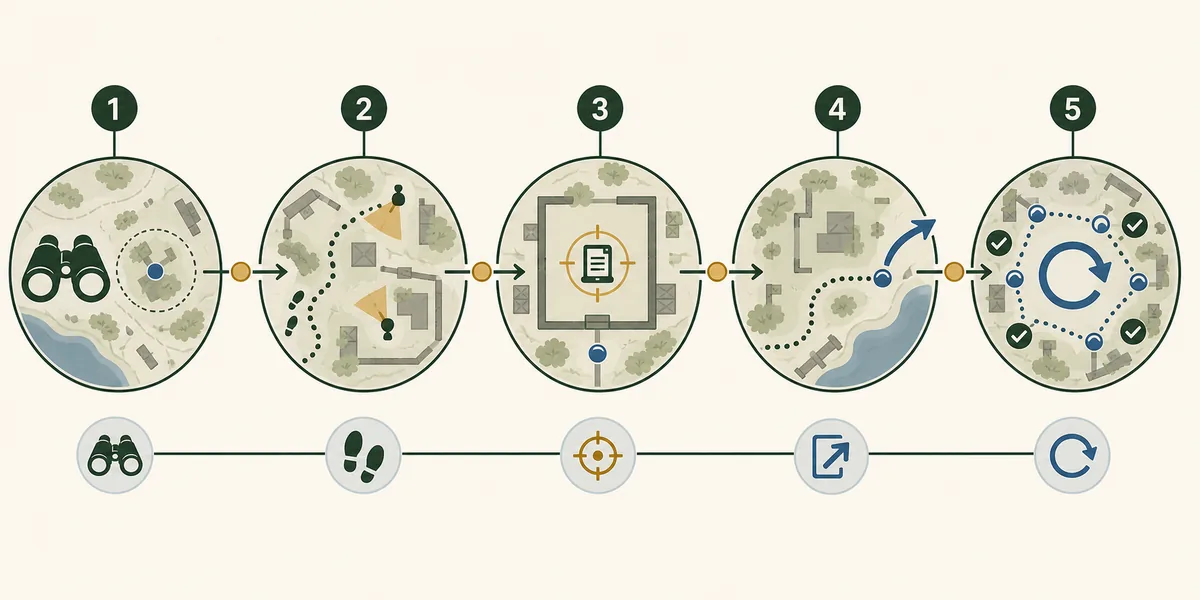 Editorial five-step route flow for 007 First Light missions from scouting to replay cleanup