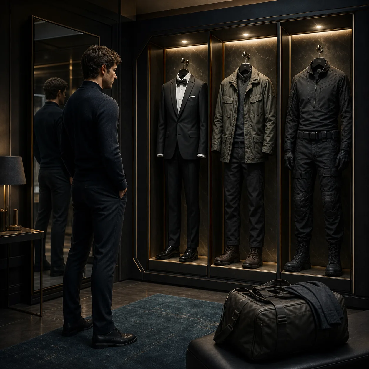 Concept illustration of choosing between formal, field, and tactical outfits before a mission; not an official game screenshot
