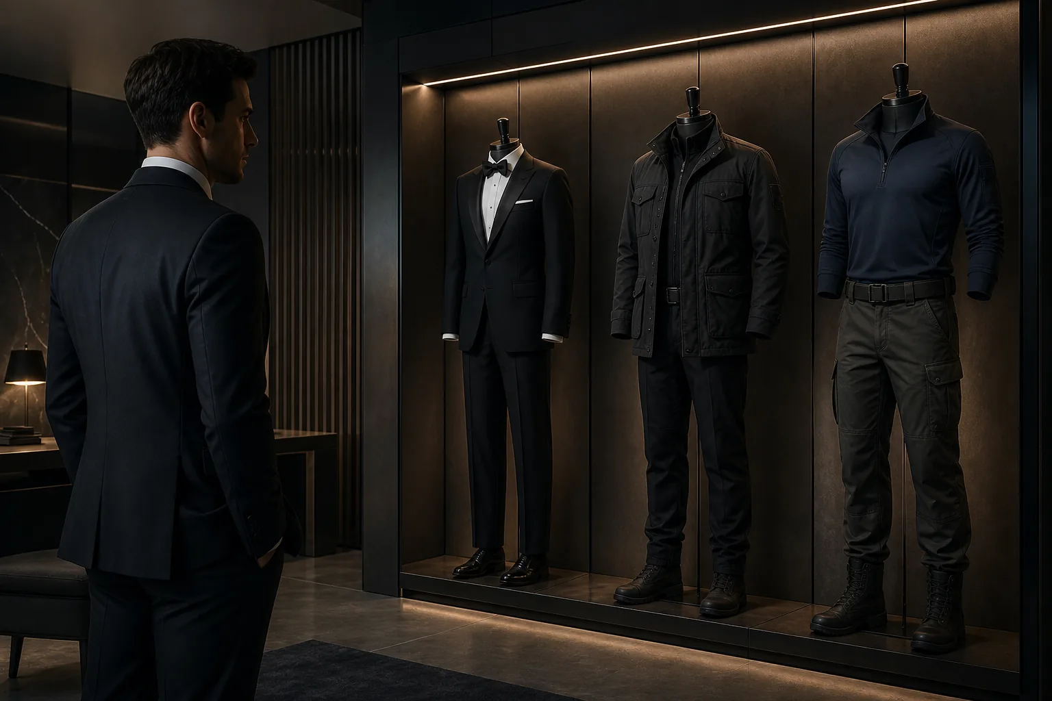Concept illustration of three James Bond-inspired outfits in an MI6 wardrobe room; not an official game screenshot
