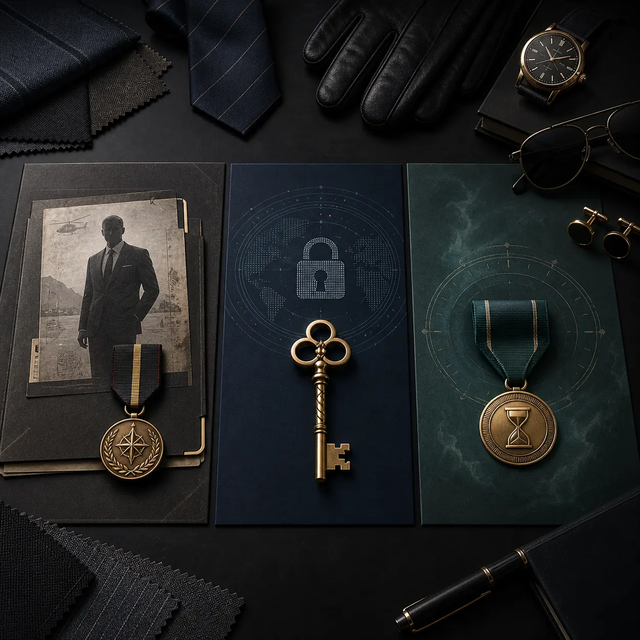 Concept illustration of mission, account, and event reward paths for 007 First Light outfits; not an official UI screenshot