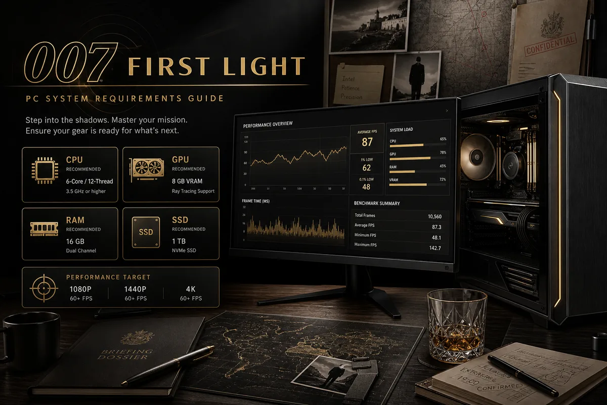 007 First Light PC system requirements guide with gaming hardware, performance charts, and specification cards