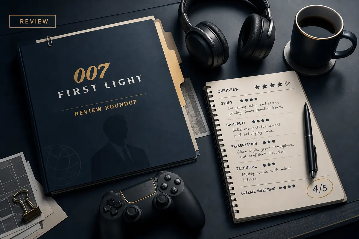 Editorial 007 First Light review illustration with a spy briefing folder, controller, headphones, and review notes