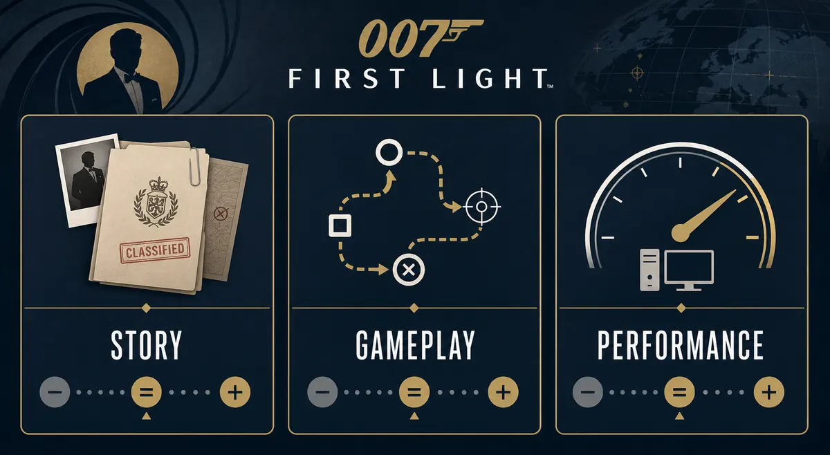 Editorial scorecard image comparing story, gameplay, and performance review signals for 007 First Light