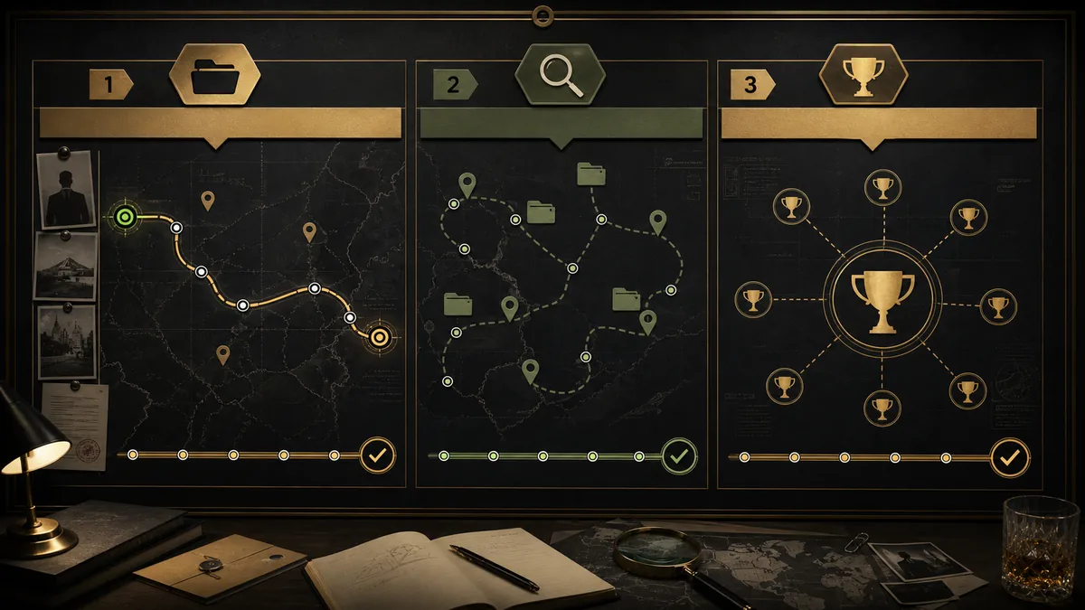 Editorial 007 First Light trophy roadmap image showing story run, collectible cleanup, and final trophy phases