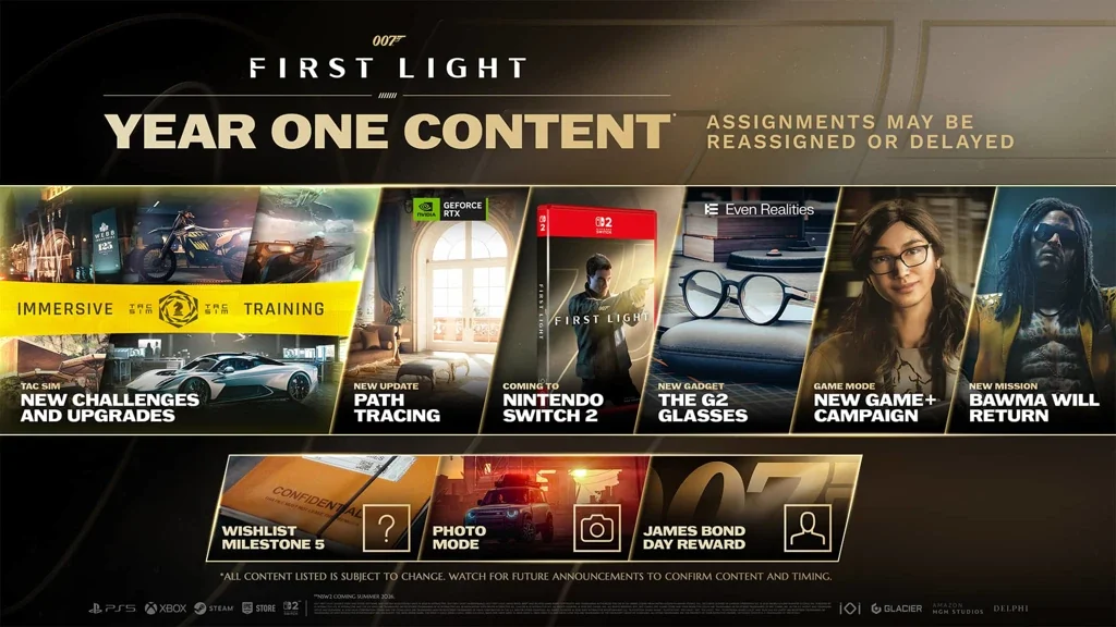 Graphique officiel du contenu de la première année de 007 First Light avec TacSim, histoire, fonctions et plateformes